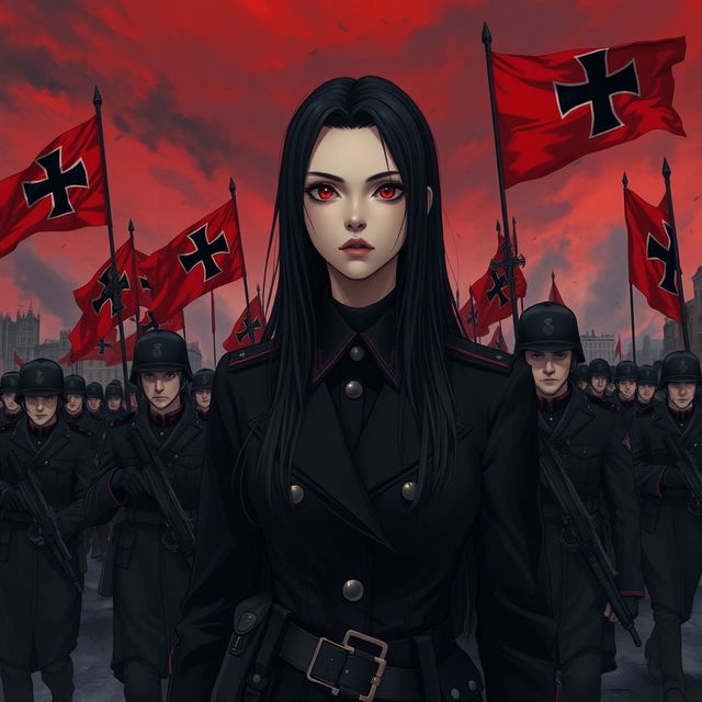 A dark realism and anime-style image of a beautiful young female military officer with long black hair, dressed entirely in black, and very dark red eyes, with a cold, serious, and dark gaze