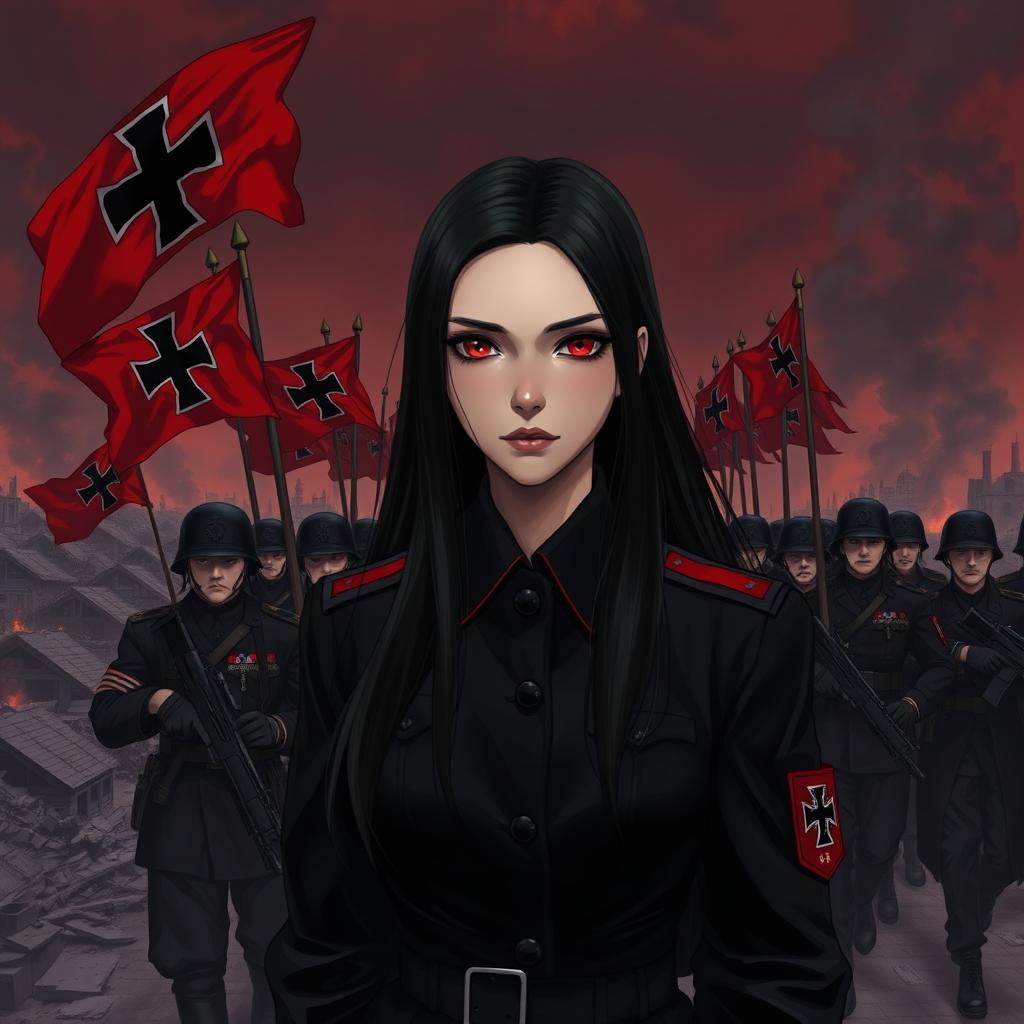 A dark realism and anime-style image of a beautiful young female military officer with long black hair, dressed entirely in black, and very dark red eyes, with a cold, serious, and dark gaze