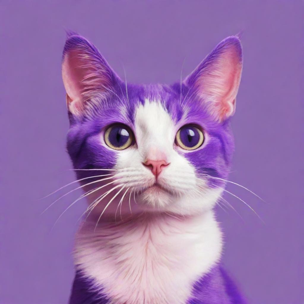 A vibrant cartoon cat in hues of purple and pink, posing for a lively and colorful profile picture.