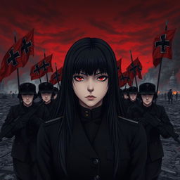 A dark realism and anime-style image of a beautiful young female military officer with long black hair, dressed entirely in black, and very dark red eyes, with a cold, serious, and dark gaze