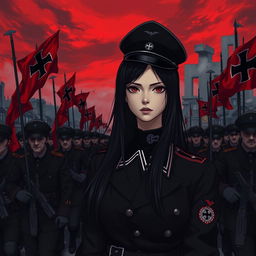 A dark realism and anime-style image of a beautiful young female military officer with long black hair, dressed entirely in black, and very dark red eyes, with a cold, serious, and dark gaze