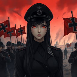 A dark realism and anime-style image of a beautiful young female military officer with long black hair, dressed entirely in black, and very dark red eyes, with a cold, serious, and dark gaze