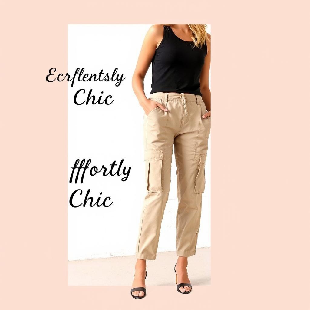 Create an advertisement featuring a woman wearing beige cargo pants and a black top