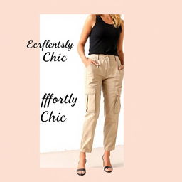 Create an advertisement featuring a woman wearing beige cargo pants and a black top