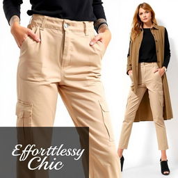 Create an advertisement featuring a woman wearing beige cargo pants and a black top