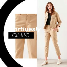 Create an advertisement featuring a woman wearing beige cargo pants and a black top