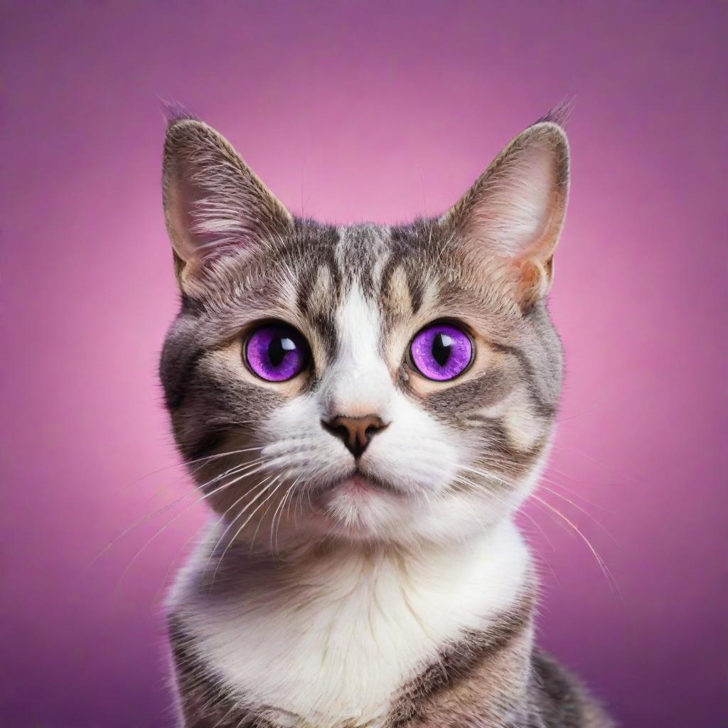 A vibrant cartoon cat with striking purple and pink eyes, posing for a colorful profile picture.