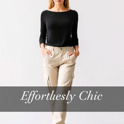 Create an advertisement featuring a woman wearing beige cargo pants and a black top