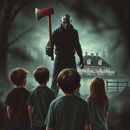 Create a horror thriller book cover featuring a menacing killer in the background holding an axe