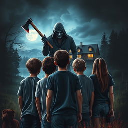 Create a horror thriller book cover featuring a menacing killer in the background holding an axe