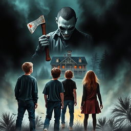 Create a horror thriller book cover featuring a menacing killer in the background holding an axe