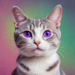 A vibrant cartoon cat with striking purple and pink eyes, posing for a colorful profile picture.