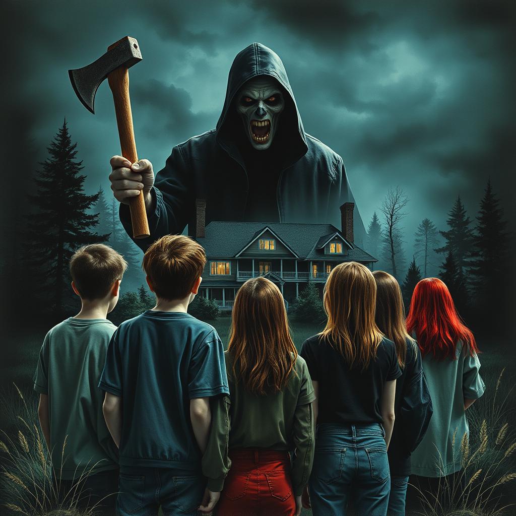 Create a horror thriller book cover featuring a menacing killer in the background holding an axe