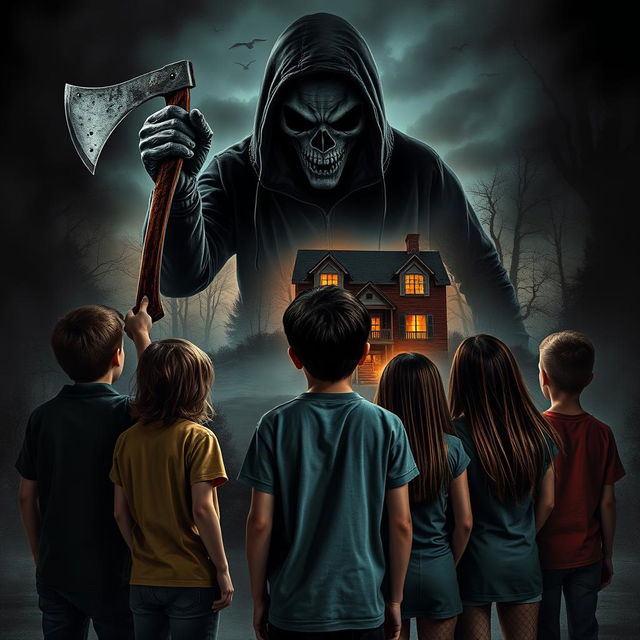 Create a horror thriller book cover featuring a menacing killer in the background holding an axe