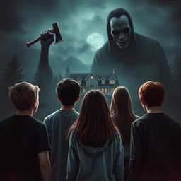 Create a horror thriller book cover featuring a menacing killer in the background holding an axe