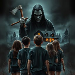 Create a horror thriller book cover featuring a menacing killer in the background holding an axe