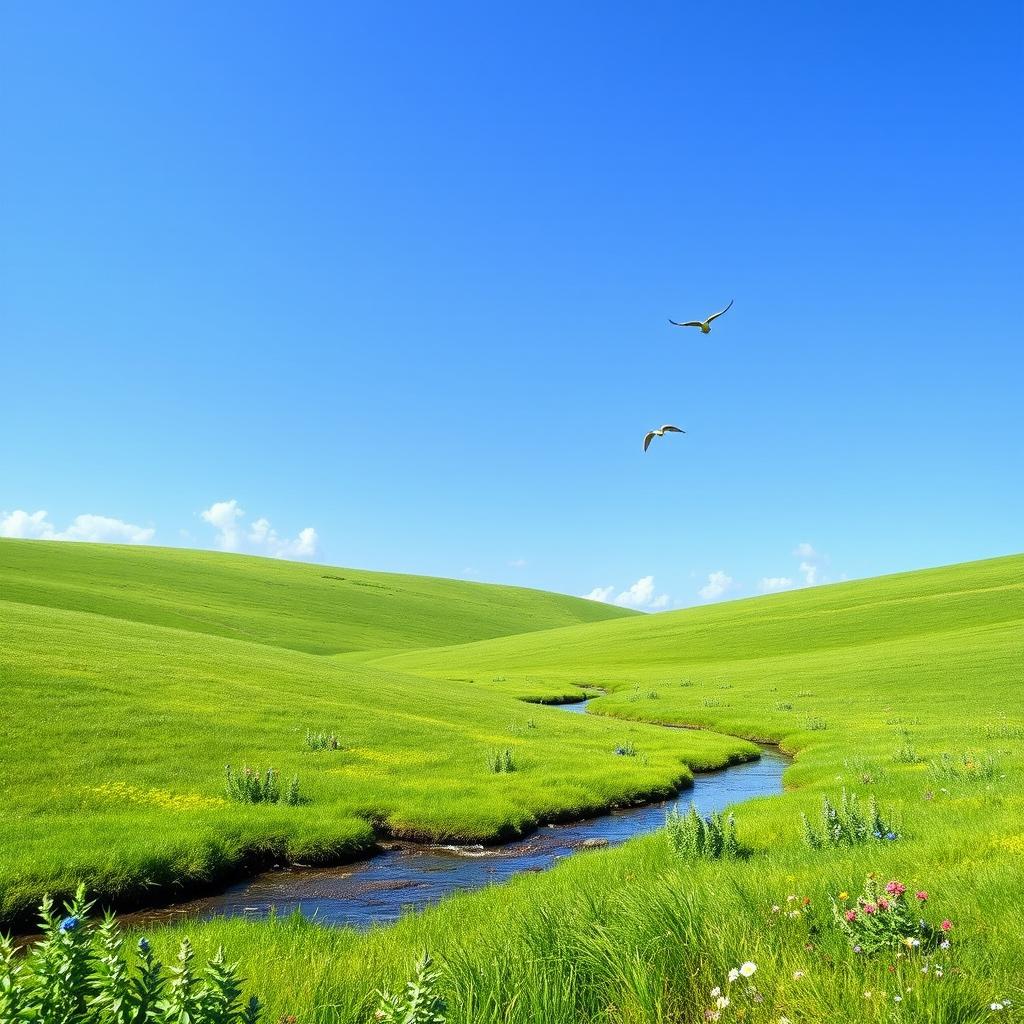 A serene landscape featuring a clear blue sky, a lush green meadow, and a gentle stream flowing through the scene