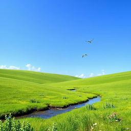 A serene landscape featuring a clear blue sky, a lush green meadow, and a gentle stream flowing through the scene