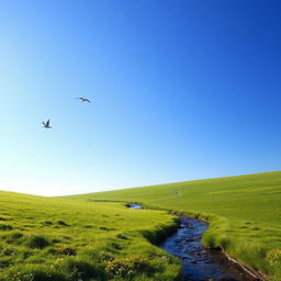 A serene landscape featuring a clear blue sky, a lush green meadow, and a gentle stream flowing through the scene