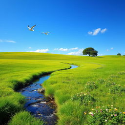 A serene landscape featuring a clear blue sky, a lush green meadow, and a gentle stream flowing through the scene