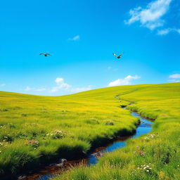 A serene landscape featuring a clear blue sky, a lush green meadow, and a gentle stream flowing through the scene