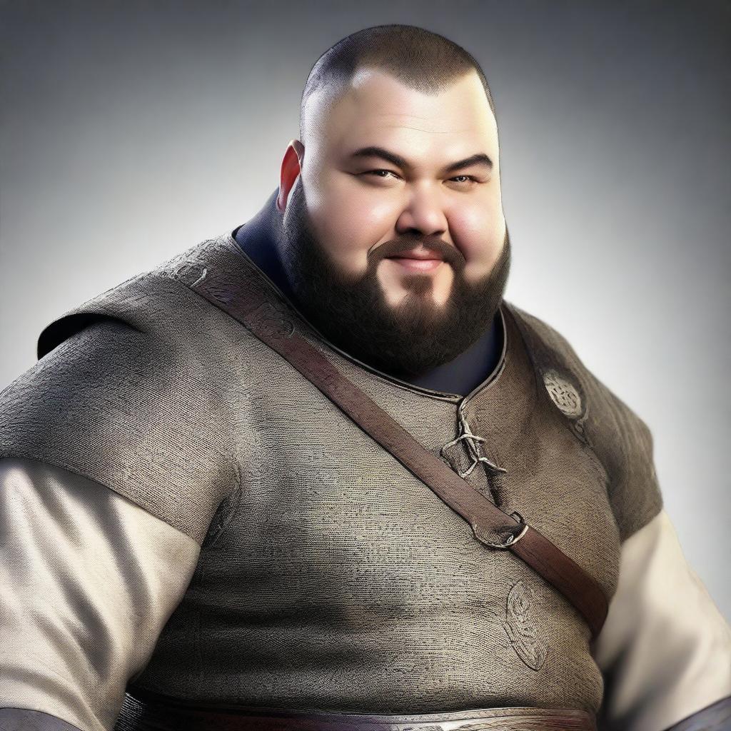 A highly detailed and realistic portrait of a happy young fat human man with black buzzcut hair and a beard