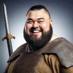 A highly detailed and realistic portrait of a happy young fat human man with black buzzcut hair and a beard