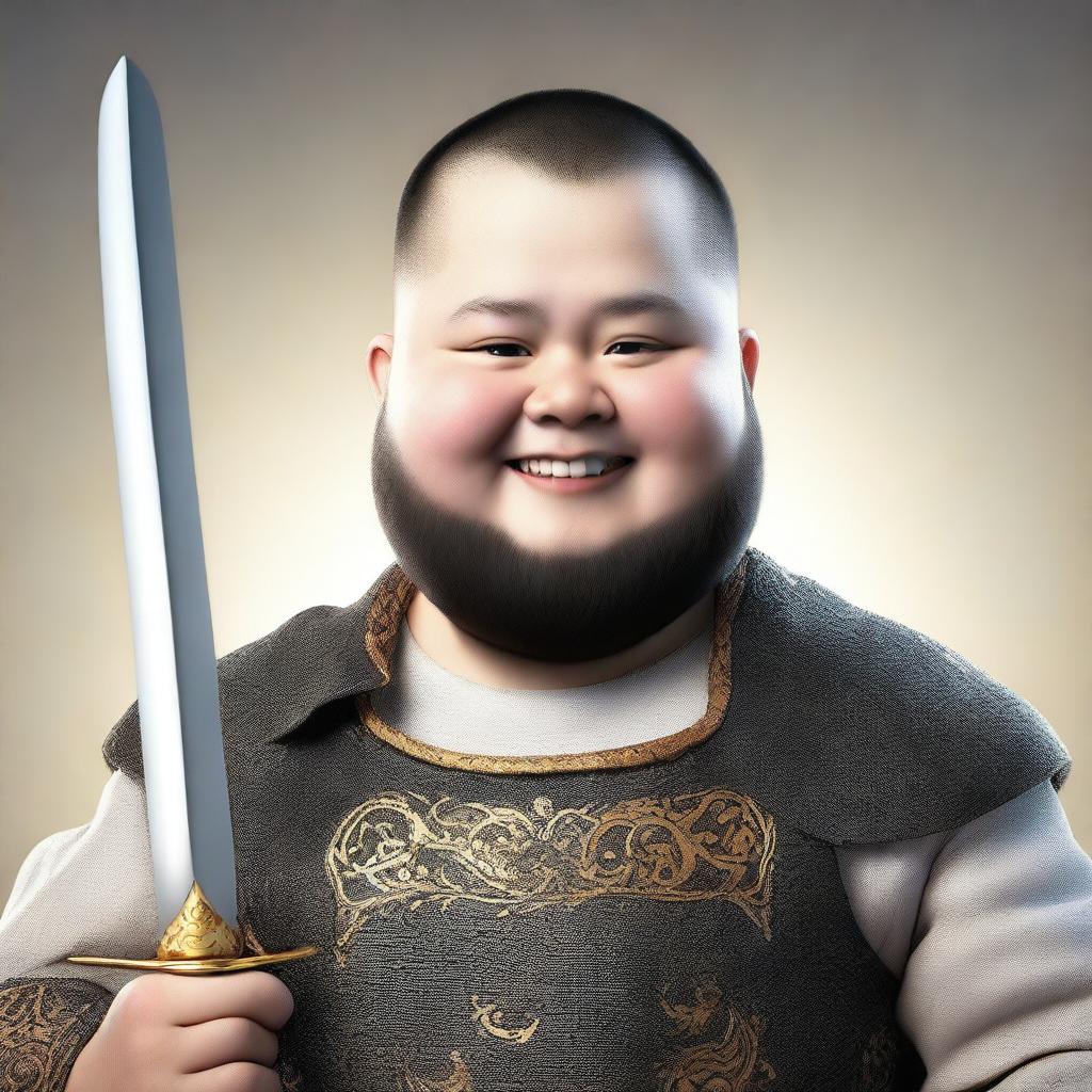 A highly detailed and realistic portrait of a happy young little fat human man with black buzzcut hair and a beard