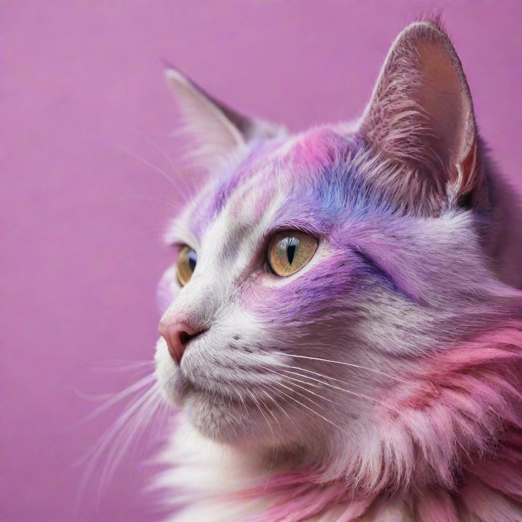 Artistic profile picture of a cat drenched in colors of pink and purple.