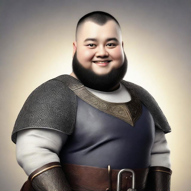 A highly detailed and realistic portrait of a happy young little fat human man with black buzzcut hair and a beard