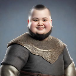 A highly detailed and realistic portrait of a happy young little fat human man with black buzzcut hair and a beard