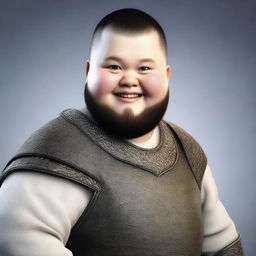 A highly detailed and realistic portrait of a happy young little fat human man with black buzzcut hair and a beard