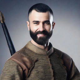 A highly detailed and realistic portrait of a happy young human man with black buzzcut hair and a beard