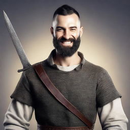 A highly detailed and realistic portrait of a happy young human man with black buzzcut hair and a beard