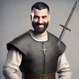 A highly detailed and realistic portrait of a happy young human man with black buzzcut hair and a beard