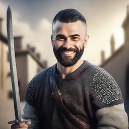 A highly detailed and realistic portrait of a happy young human man with black buzzcut hair and a beard