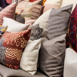 An assortment of uniquely designed sofa pillows, showcasing a variety of patterns, textures, and color combinations.