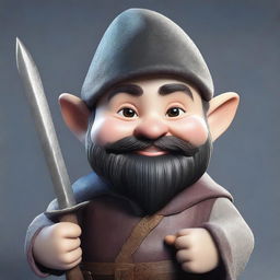 A highly detailed and realistic portrait of a happy young gnome with black buzzcut hair and a beard