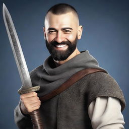 A highly detailed and realistic portrait of a happy young short man with black buzzcut hair and a beard