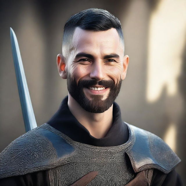 A highly detailed and realistic portrait of a happy young short man with black buzzcut hair and a beard