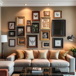 A cozy living room with a stylish wall adorned with several picture frames