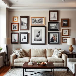 A cozy living room with a stylish wall adorned with several picture frames