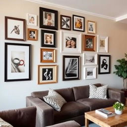 A cozy living room with a stylish wall adorned with several picture frames