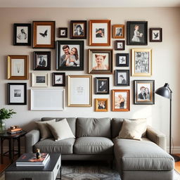 A cozy living room with a stylish wall adorned with several picture frames