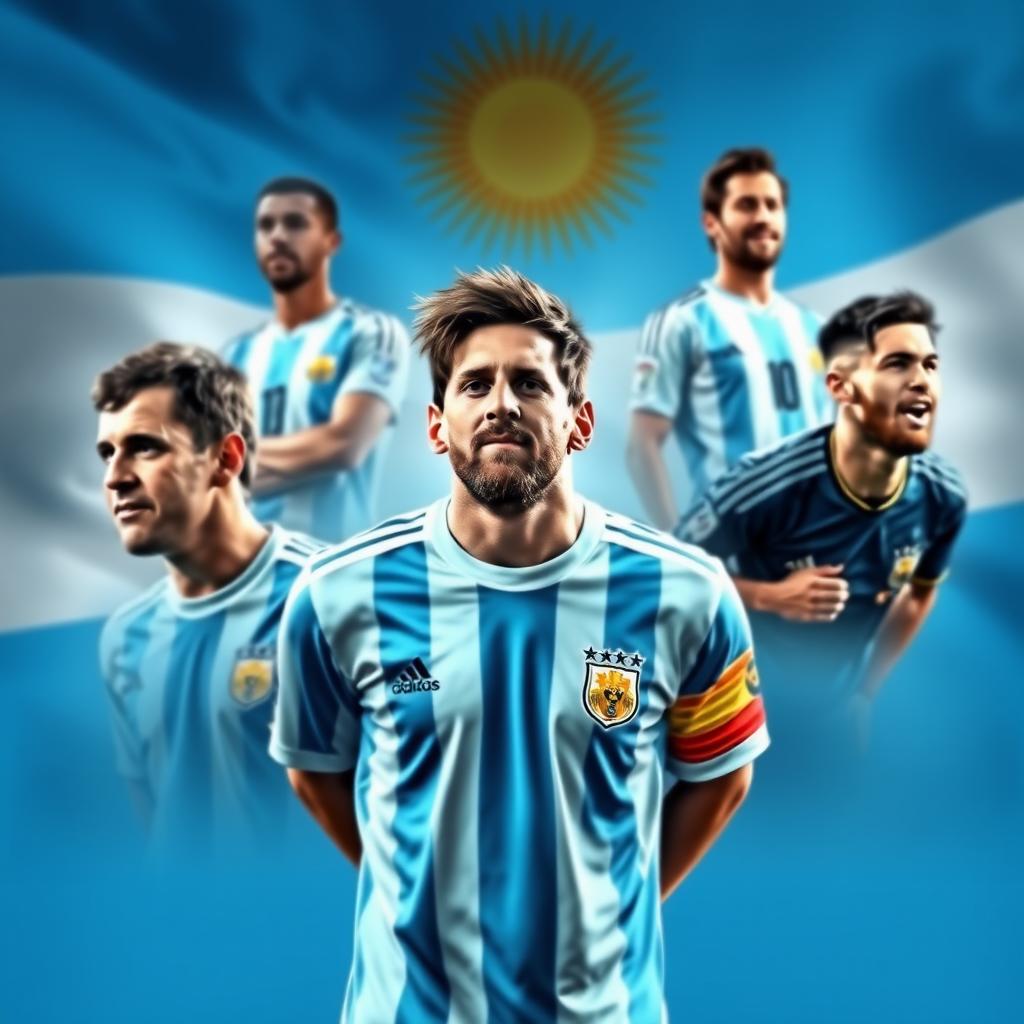 Retrato de los máximos ídolos de la selección argentina de fútbol, incluyendo a Diego Maradona y Lionel Messi, en un fondo con los colores de la bandera argentina