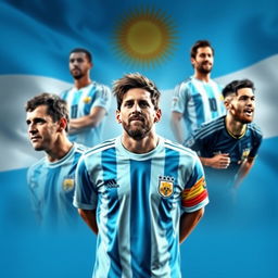 Retrato de los máximos ídolos de la selección argentina de fútbol, incluyendo a Diego Maradona y Lionel Messi, en un fondo con los colores de la bandera argentina