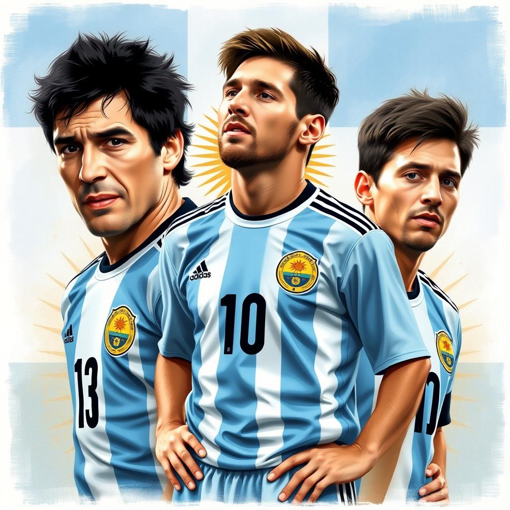 Retrato de los máximos ídolos de la selección argentina de fútbol, incluyendo a Diego Maradona y Lionel Messi, en un fondo con los colores de la bandera argentina