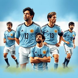 Retrato de los máximos ídolos de la selección argentina de fútbol, incluyendo a Diego Maradona y Lionel Messi, en un fondo con los colores de la bandera argentina