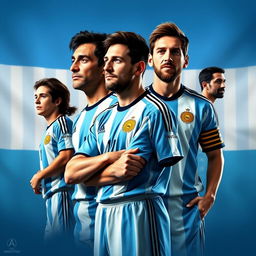 Retrato de los máximos ídolos de la selección argentina de fútbol, incluyendo a Diego Maradona y Lionel Messi, en un fondo con los colores de la bandera argentina