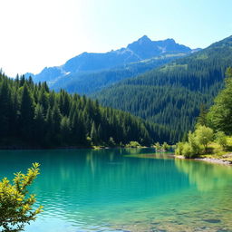 A serene landscape featuring a clear blue lake surrounded by lush green trees and mountains in the background, with a bright and sunny sky